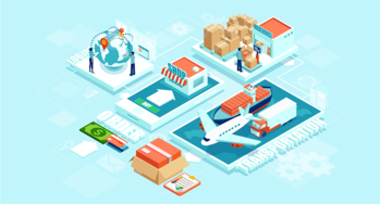 Automated delivery logistics network distribution with people, warehousing, and logistics transportation machinery. Impact of blockchain on the supply chain. 